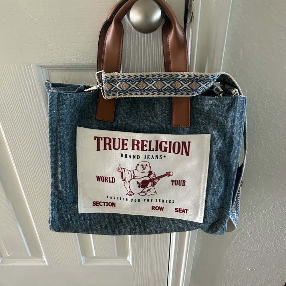 True Religion Blue Denim Messenger Bag with Brown Handles